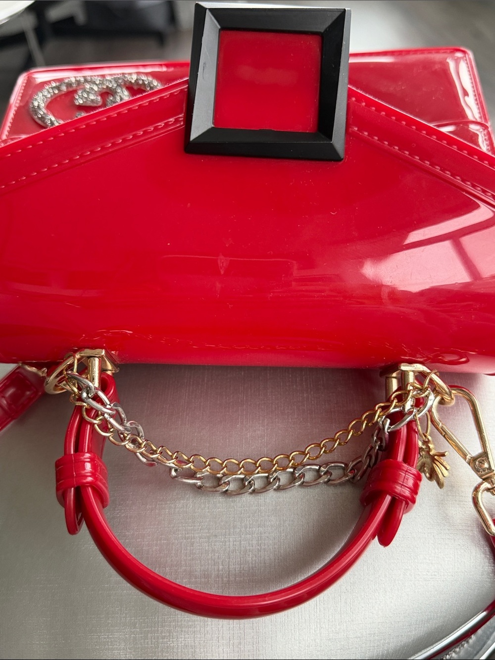 Red Patent Top-Handle Womens Bag with Gold Chain and Crystal Accent - Picture 3 of 3